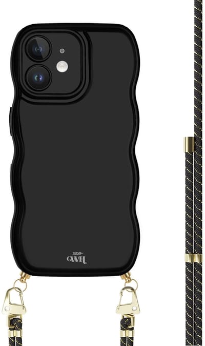 xoxo Wildhearts Glossy Wavy Cord Case Black - Gold Goddess - geschikt voor iPhone 11 - hoesje met koord - telefoonkoord met gouden details - golvend hoesje - silicone case - schokbestendig - zwart