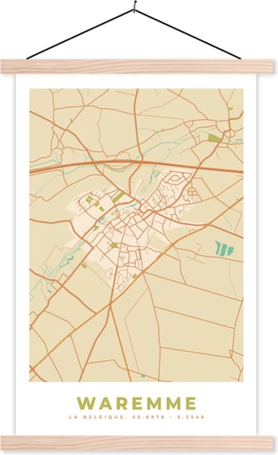 Posterhanger incl. Poster 40x60 cm - Schoolplaat - Kaart - Vintage - Retro - Stadskaart - Waremme - Plattegrond - Textielposter - Blanke latten - Stadskaart