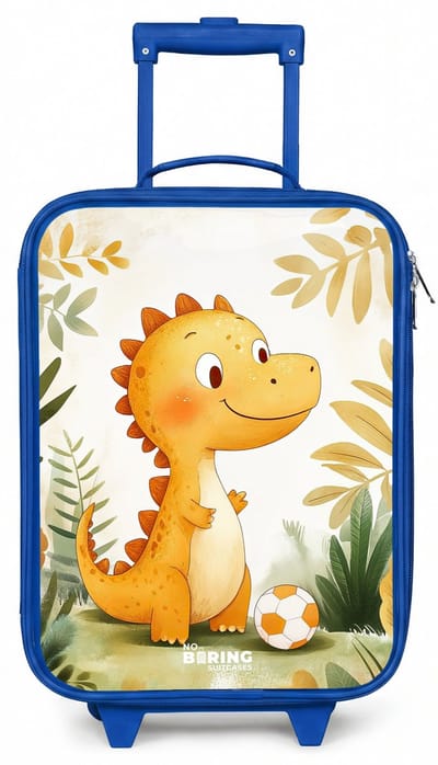 NoBoringSuitcases.com® - Kinderkoffer blauw - Kindertrolley jongen - Dino - Voetbal - Oranje - Koffer kind lichtgewicht - Reiskoffer trolley voor kinderen - Koffertje met lichtgevende wieltjes - Rolkoffer