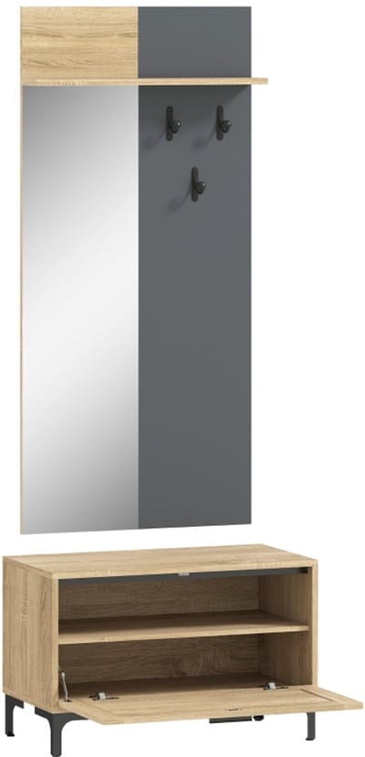 Kledingkast - 120x40x50 cm - Garderobeset Met Schoenbank, Spiegel & 3 Haken - Open Opbergruimte Voor Hal - Hout - Natuurlijk/Grijs