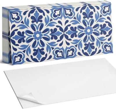 Coloray Plaktegels - Bloemen decoratief patroon Zelfklevende Wandtegels - 40 cm x 20 cm - Blauw Plaktegels - 10 stuks - Rechthoek PVC Tegels - Plaktegels Badkamer - Vloertegels Zelfklevend - Vinyl Tegels - Portugese Tegels