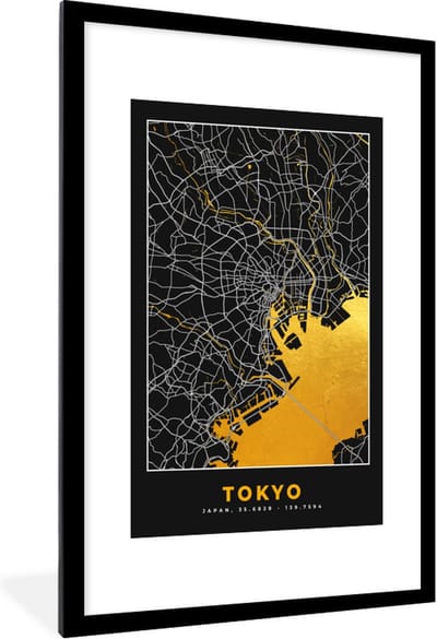 Fotolijst incl. Poster - Tokyo - Stadskaart - Goud - Plattegrond - Kaart - 80x120 cm - Posterlijst