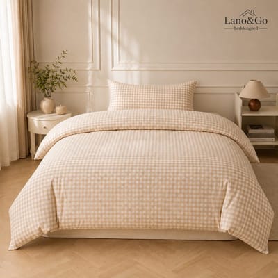 Beddengoed Set 135 x 200 cm, Geruit Omkeerbaar Dekbedovertrek met Ritssluiting en 1 Kussensloop 80 x 80 cm, Beige Microvezel, Oeko-Tex
