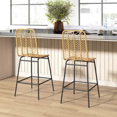 MODFU - Barstoelenset - Met Rugleuning En Voetsteun - Boho - PE-Rotan En Staal - Geel En Zwart - 42,5 x 52 x 102 cm