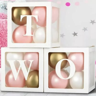 3 doorzichtige letter ballon blokken Two wit inclusief 24 ballonnen wit, licht roze en goud - 2 - two - twee - verjaardag - ballonbox
