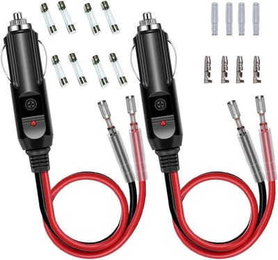 2-Pack 12V Sigarettenaansteker Stekker met Kabels en LED Licht, 15A Zekering, Uitbreidingskabel voor Auto, Motor en Tractor