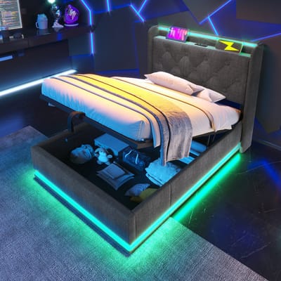 STILVORA Gestoffeerd Bed 90x200 cm - 360° LED Verlichting Met Timer - Hydraulische Opbergruimte Onder Bed - Linnen Bekleding - Grijs - Zonder matras