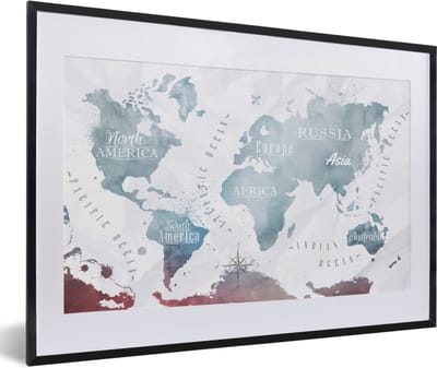 Poster in lijst - Fotolijst 60x40 cm - Posters - Wereldkaart - Kleur - Topografie - Posterlijst zwart - Decoratie - Wanddecoratie woonkamer - Muurdecoratie slaapkamer