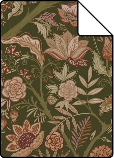 Proefstaal ESTAhome behang vintage bloemen donkergroen en terracotta bruin - 26.5 x 21 cm - 131334-S