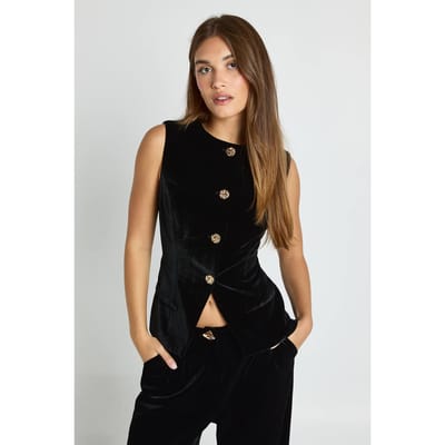 boohoo Dames Fluweel met gouden afwerking, getailleerd vest | Zwart | Maat: 36