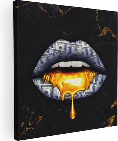 Artaza Canvas Schilderij Lippen Dollar - 80x80 cm - Wanddecoratie Pop Art - Muurdecoratie Geld - Decoratie Goud