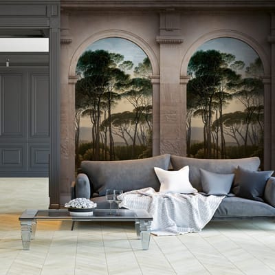 Fotobehang Profhome 382491-GU vliesbehang hardvinyl warmdruk in reliëf glad met architectonische motieven mat grijs groen beige blauw 1,59 m x 2,8 m