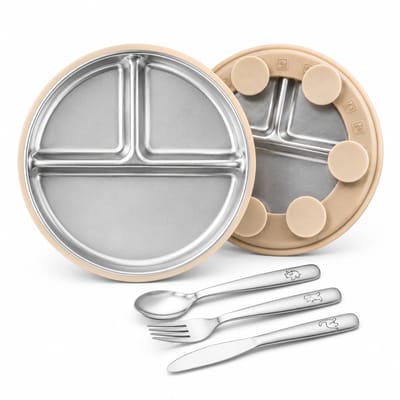 RVS Kinderservies met 5x Zuignap – Kinderbord met 3 Vakken + Dino Bestek – Baby & Peuter