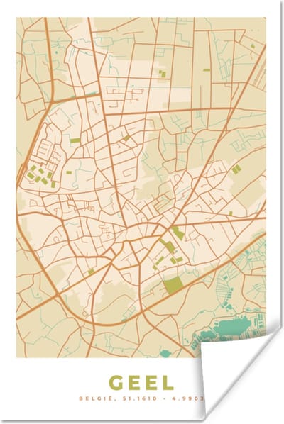 Poster Stadskaart - Vintage - Plattegrond - Kaart - Geel - 120x180 cm XXL