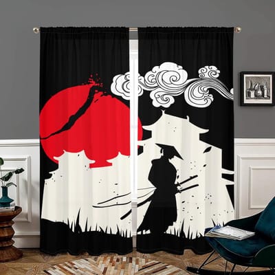 2 stuks, Japanse samurai rode zon gordijnen - semi verduisterend - geschikt voor woonkamer, slaapkamer, keuken, huisdecoratie W150CM H166CM&Rod pocket black