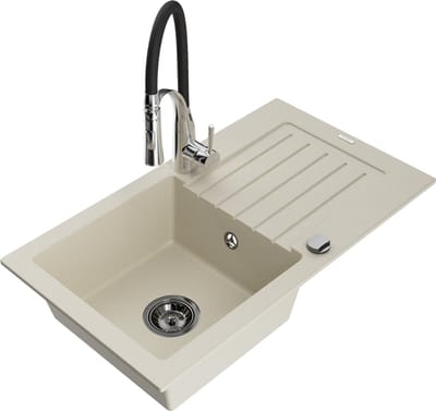 Mexen Pablo granieten spoelbak 1-komers met afdruipblad en keukenmengkraan Aster, beige - 6510-69-73450-07-B