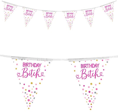 Oaktree - Vlaggenlijn Birthday bitch holografisch roze (3,9 m)