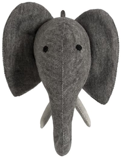 Luna-Leena duurzame olifant hoofd - grijs - vilt wol - L42x36cm - hand gemaakt in Nepal - kinderkamer - muurdecoratie - dierenhoofd - decoratie trofee - elephant head