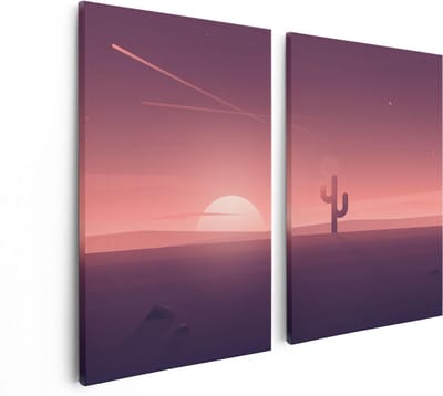 Artaza Canvas Schilderij Tweeluik Zonsondergang In De Woestijn Met Een Cactus - 80x60 - Foto Op Canvas - Canvas Print