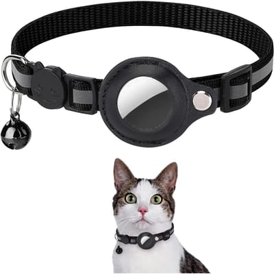 Cat AirTag houder halsband Breakaway reflecterende strips verstelbare kitten halsband waterdichte kattenbel halsband huisdier Air Tag case zwart