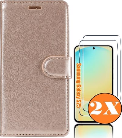 Hoesje geschikt voor Samsung Galaxy S25 bookcase Goud - Met screenprotector tempered glass Galaxy S25 - 2x