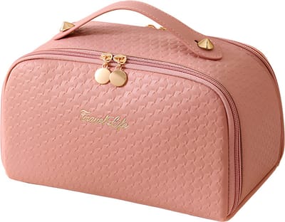 Rainbecom - Reis Cosmetische Toilettas - Roze - Make Up Koffer 25x14x13 cm - Draagbare Leren Organizer - PU Opbergtas Geruite Reliëf - Grote Capaciteit Reis Opbergtas - PU-Leer - Waterdichte Vrouwen Meisjes Beautycase - met Handvat - Geometrische Pri