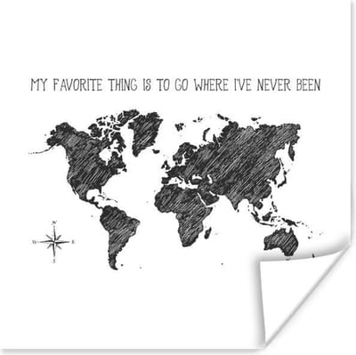 Poster 30x30 cm - Wereldkaart - Zwart Wit - Quote - Posters - Kamer decoratie - Wanddecoratie woonkamer - Muurdecoratie slaapkamer
