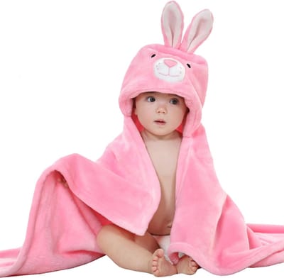 BoefieBoef Konijn 2-in-1 Fleece Badcape & Wikkeldeken voor Baby's/Peuters met Dierencapuchon: Warm, Zacht & Comfortabel - Ideaal als Kerst- Verjaardags of Kraamcadeau – Roze