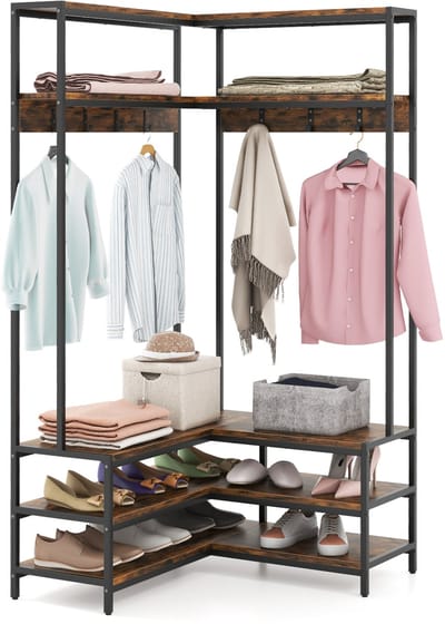 COSTWAY Hoekkapstok met zitbank, L-vormige kledingstandaard met open planken en 7 haken, garderobe, halgarderobe voor hal en slaapkamer, 90 x 90 x 178 cm