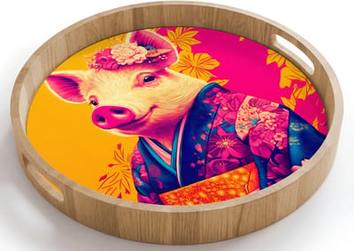 Dienblad rond 40x40 cm - Schootdienblad hout - Varken - Bloemkroon - Kimono - Abstract - Borrelplank rechthoek - Plateau houten dienbladen