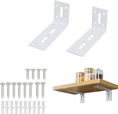 Set van 2 Hoekplank Steunen, 120 x 60 x 40 mm, Witte Stabiele Metalen Hoeksteunen voor Wandplanken en Plank Consoles
