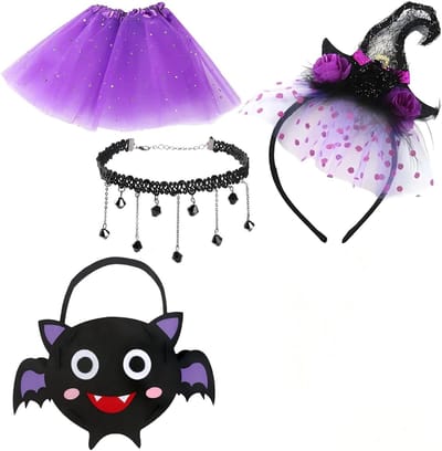 Halloween Hoed voor Meisjes - Compleet Kostuumset met Hoed, Sieraden, Tas en Paillettenrok - Ideaal voor Feestjes, Themapartijen en Halloween - Paars en Speels