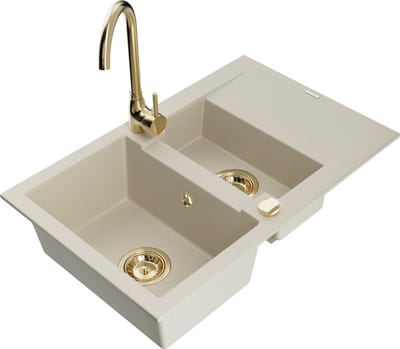Mexen Gaspar granieten spoelbak 1,5-komoors met afdruiprek en Telma keukenkraan, beige - 6507-69-670200-50
