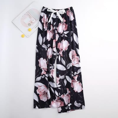 Zomerse katoenen zijden pyjamabroek voor dames, bloemennachtkleding, wijde pijpen, oversized losse bloemenlange broek One size gray