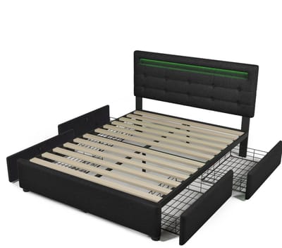 COVREO Bedframe 140x200 cm - zwart, LED-verlichting, 4 lades, met matras