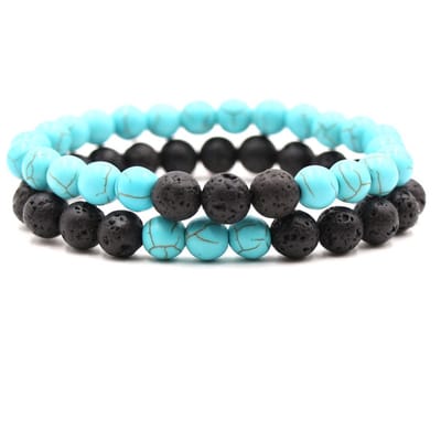 Bixorp Gems Dubbele Natuurstenen Armbanden met Kralen voor Man & Vrouw - Lichtblauw/Zwart contrast - Edelsteen Sieraden Cadeau - 20cm