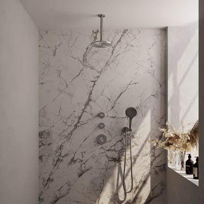 Brauer Brushed Carving thermostatische inbouw regendouche SET 11 met 20 cm douchekop en plafondarm en 3-standen handdouche en doucheslang en wandaansluitbocht RVS geborsteld PVD