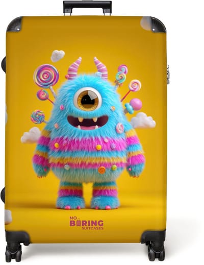 NoBoringSuitcases.com® - Koffer groot - Reiskoffer lichtgewicht - Snoep monster op een gele achtergrond - Rolkoffer met 4 wielen - Grote trolley XL - 98 liter bagage