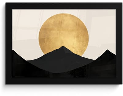 Poster in lijst - Fotolijst 30x20 cm - Posters - Bergsilhouetten - Gouden cirkel - Beige - Posterlijst zwart - Decoratie - Wanddecoratie woonkamer - Muurdecoratie slaapkamer