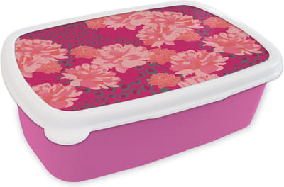 Broodtrommel Roze - Lunchbox - Brooddoos - Luipaard - Dierenprint - Pioenroos - Patroon - 18x12x6 cm - Kinderen - Meisje