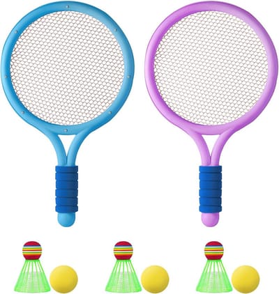 Badmintonset voor Kinderen - 2 Rackets, 3 Badmintonshuttles, 3 Sponsballen, Geschikt voor Binnen- en Buitensport