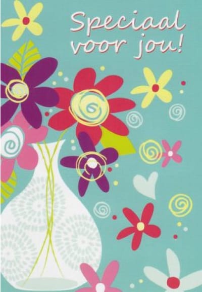 Speciaal voor jou! Een vaas gevuld met kleurrijke bloemen. Een mooie kaart voor diverse gelegenheden. Een bijzondere kaart om bij een cadeau te voegen of om zo te geven. Een dubbele wenskaart inclusief envelop en in folie verpakt.