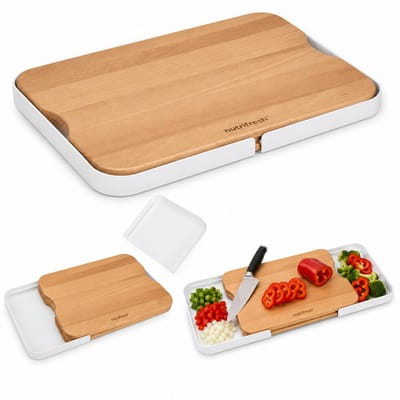 Uitschuifbare Snijplank 30,5 x 25 cm – Beukenhout met ABS Kunststof Plateaus – Hout/Wit – Snijplank met 2 Geïntegreerde Opvangbakjes