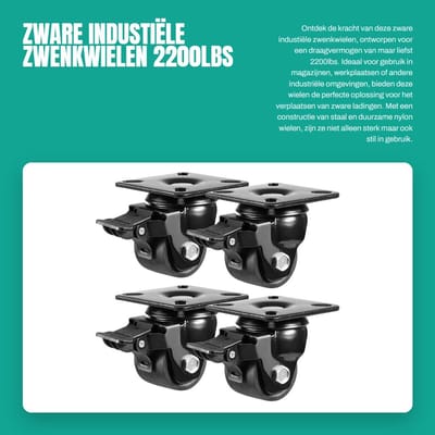 Dailygoods- Plaatwielen Set van 4 - Zwenkwielen met Rem - Hoog draagvermogen 1000 kg - Duurzaam Nylon - Schokabsorberend - Stalen constructie