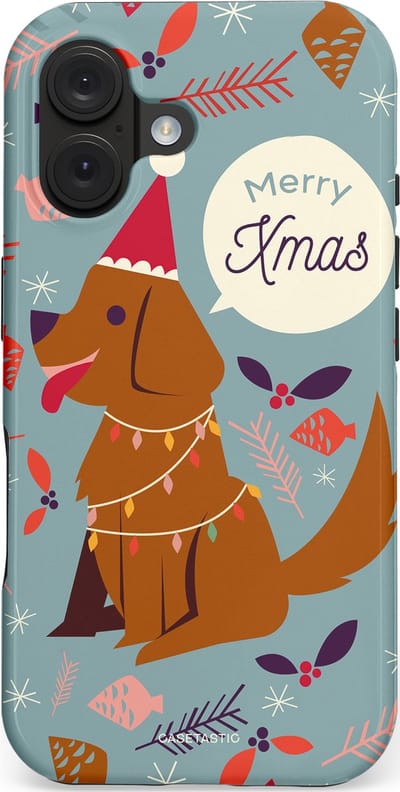 Casetastic hoesje geschikt voor Apple iPhone 16 - MagSafe - Dubbellaagse bescherming - Merry Christmas Hond - Fashion Case - Zilver Bruin Saliegroen Rood