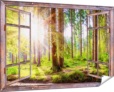 Gards Tuinposter Doorkijk Bos met Zon tussen de Bomen - 180x120 cm - Tuindoek - Tuindecoratie - Wanddecoratie buiten - Tuinschilderij