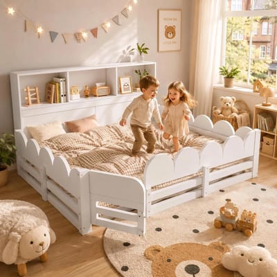 Tweepersoonsbed 140x200 cm - Dennenhout - Kinderbed 140x200 cm - Montessori vloerbed - Met valbeveiliging en beddeur - Open Insta - Met planken - met opbergruimte - Snel Gemonteerd - wit