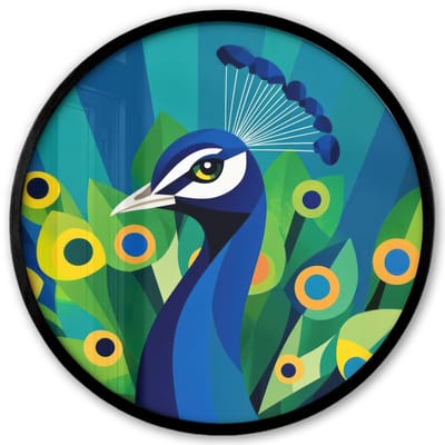 Poster in lijst Rond - Fotolijst 40x40 cm - Posters - Pauw - Cirkels - Blauw - Ronde posterlijst zwart - Decoratie - Wanddecoratie woonkamer - Muurdecoratie slaapkamer