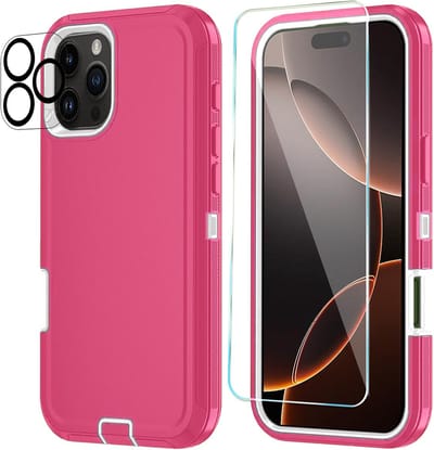 Stravo Heavy Duty Hoes voor iPhone 16 Pro – Roze – Schok- & Stofbestendig – 3-laags Bescherming met Ingebouwde Screen- & Lensprotector