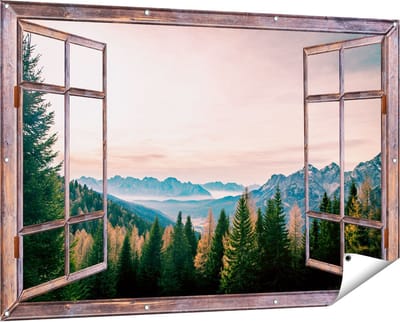 Gards Tuinposter Doorkijk Bos met Bomen bij Bergen Landschap - 150x100 cm - Tuindoek - Tuindecoratie - Wanddecoratie buiten - Tuinschilderij